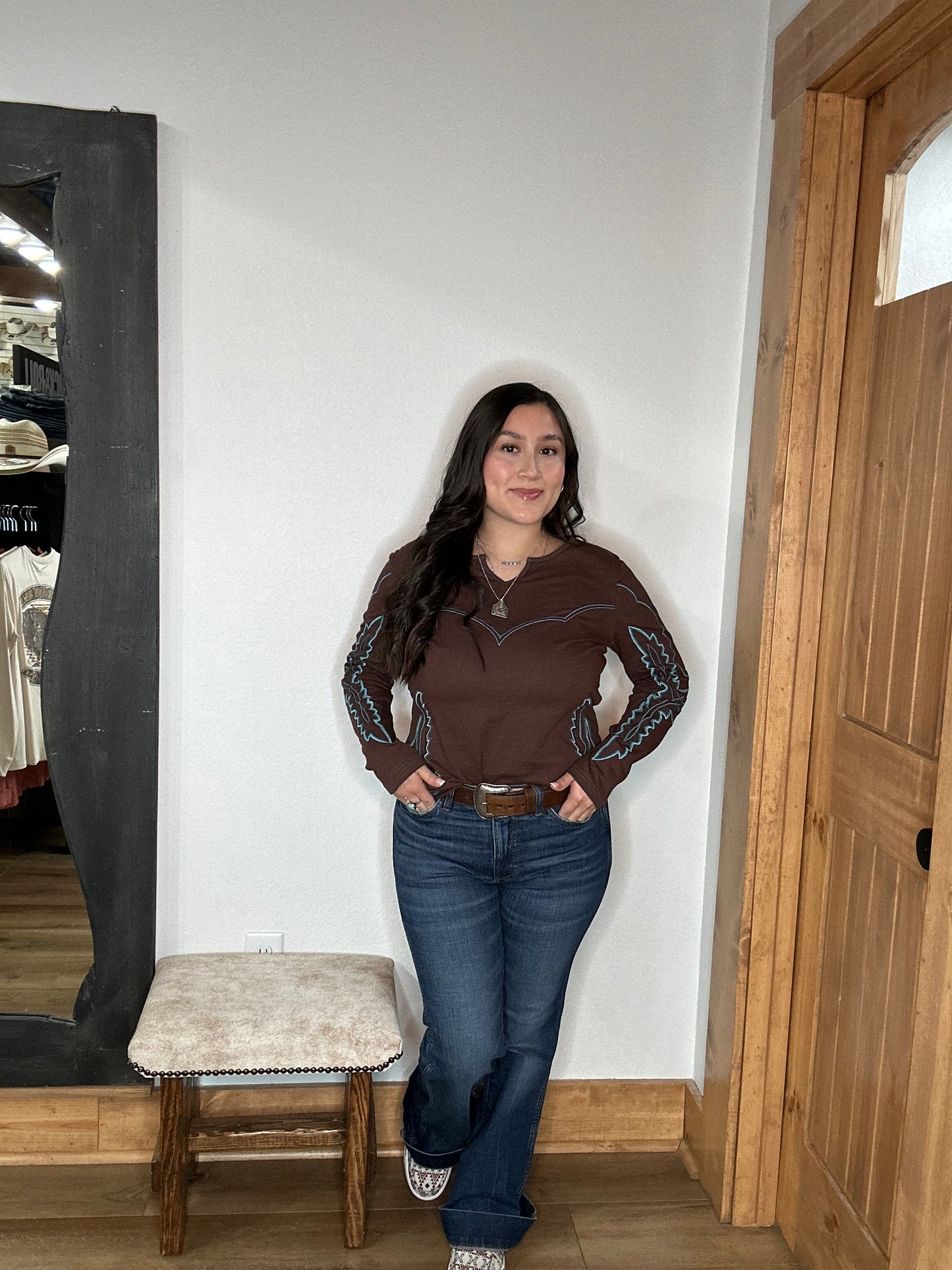 Lucky & Blessed - Brown Long Sleeve Boot Stitch Contrast Shirt