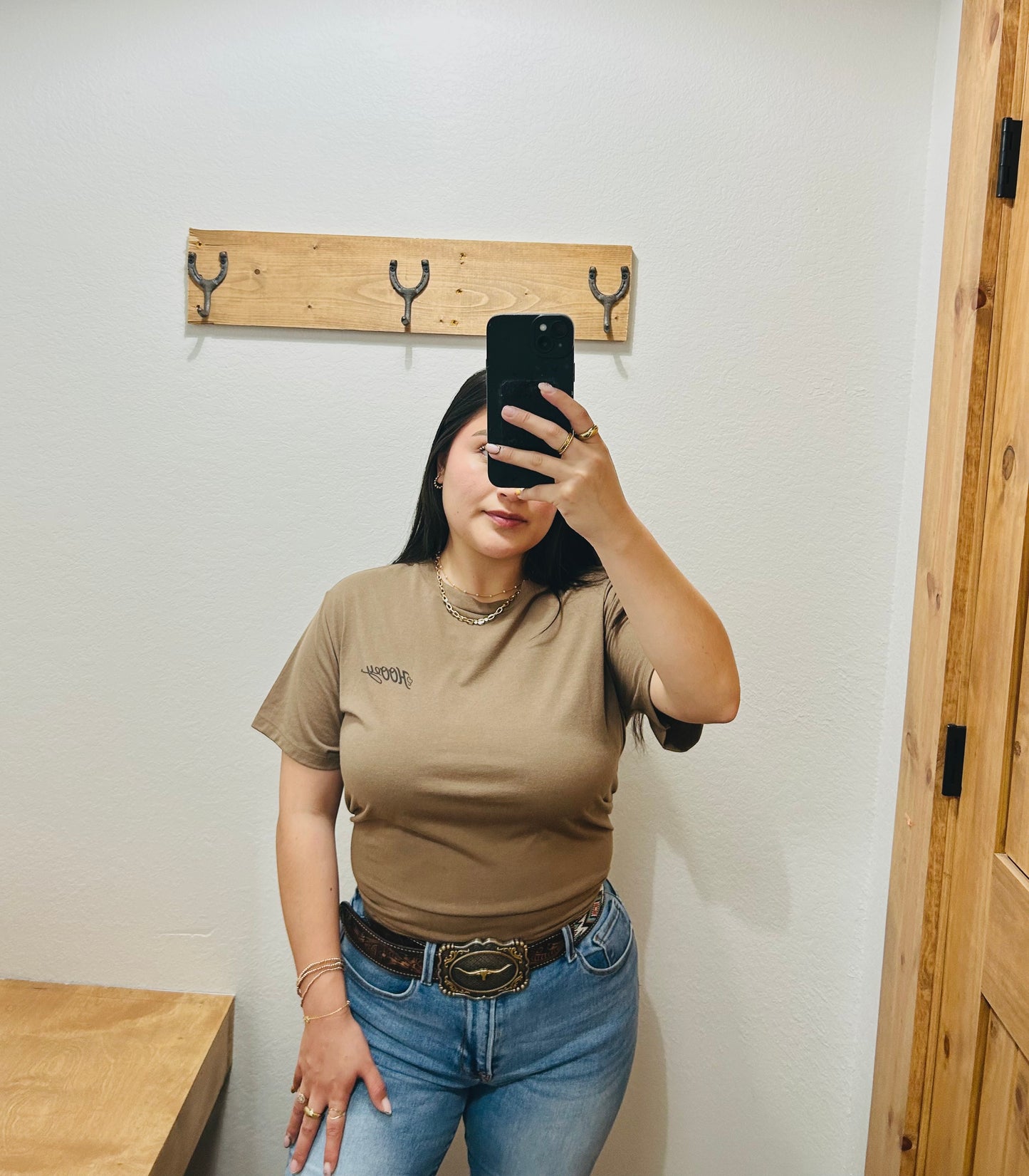 Hooey - Concho Ladies Shitake Brown Crew Neck T-Shirt With Hooey Logo