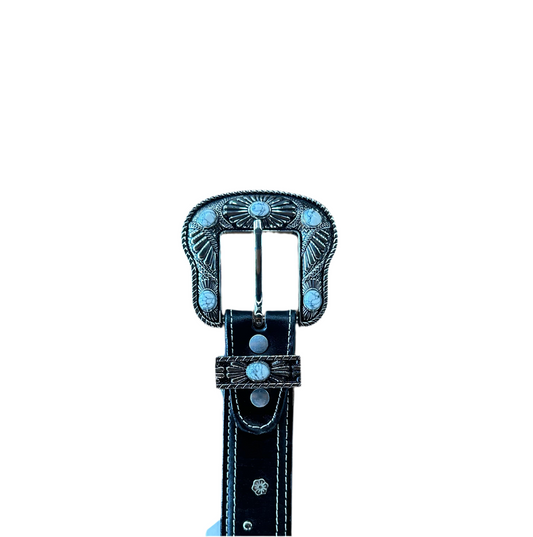 Rockem - Black Belt With Silver Flowers And Grey Marble Stone On Buckle