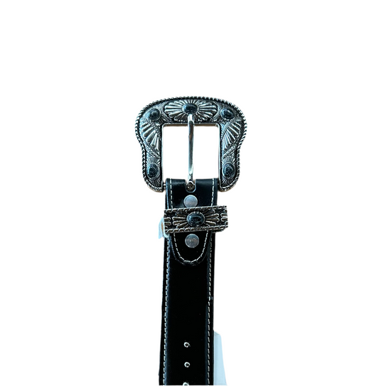 Rockem - Black Belt With Rhinestones And Black Marble Stone On Buckle