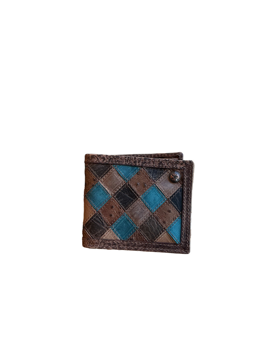Hooey - "Ouray" Roughy Ostrich Print Leather Diamond Patchwork Trifold Wallet