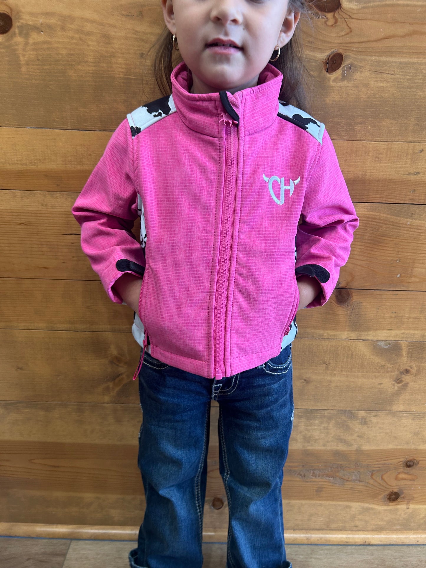 Cowgirl Hardware - Toddler Girls Cow Print Accent Poly Shell Jacket